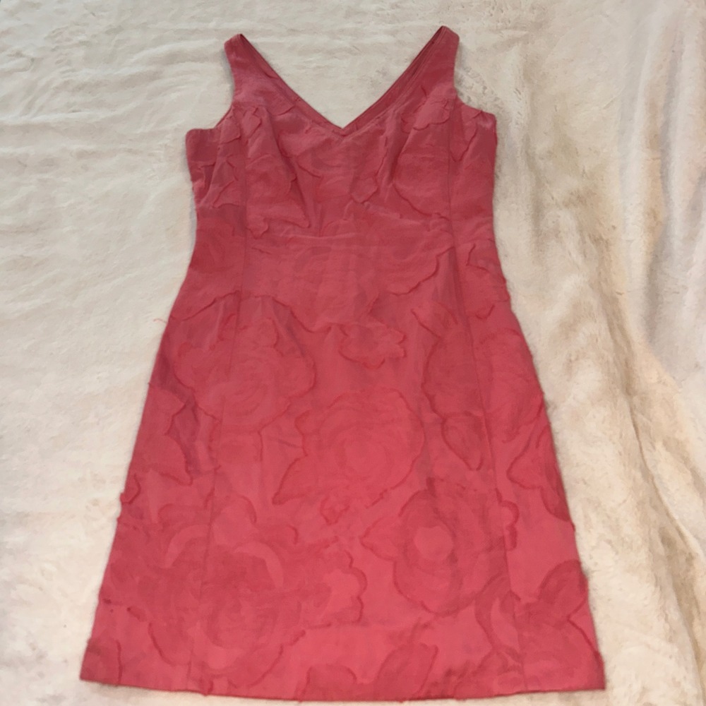 Lavia Pink Floral Jacquard Autumn Wedding Guest V-Neck Sheath Mini Dress Coral